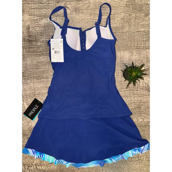Gottex Blue Tankini Swimsuit Set Sz 12 | Ruched Underwire Top Skirted Bottom | - Picture 2 of 4